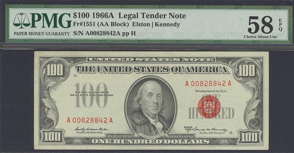 Fr.1551, 1966A $100 Legal Tender Note, A00828842A, PMG58-EPQ